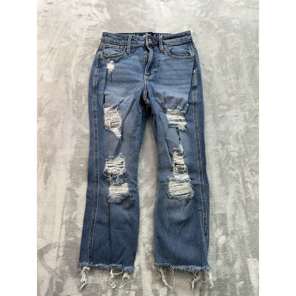 Hollister Jeans Womens Sz 1R Blue Curvy High Rise Mom Crop Distressed Stretch